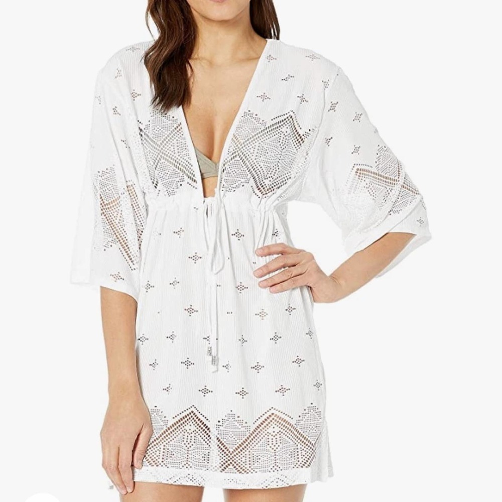 Dotti Women's White Tie Front Santorini Tile Tunic Swimsuit Cover-up sz L